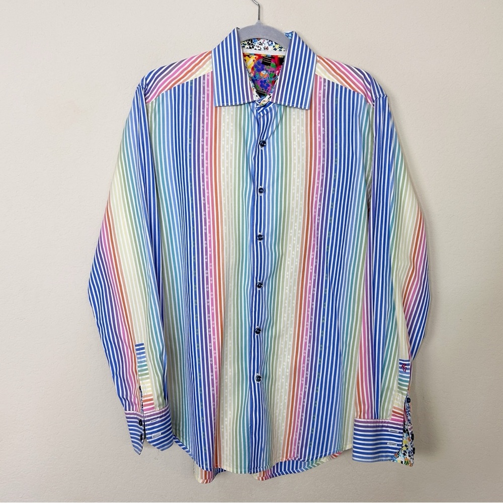 Robert Graham Mens Large Sport Shirt Rainbow Stripe Floral Flip Cuff | Size M